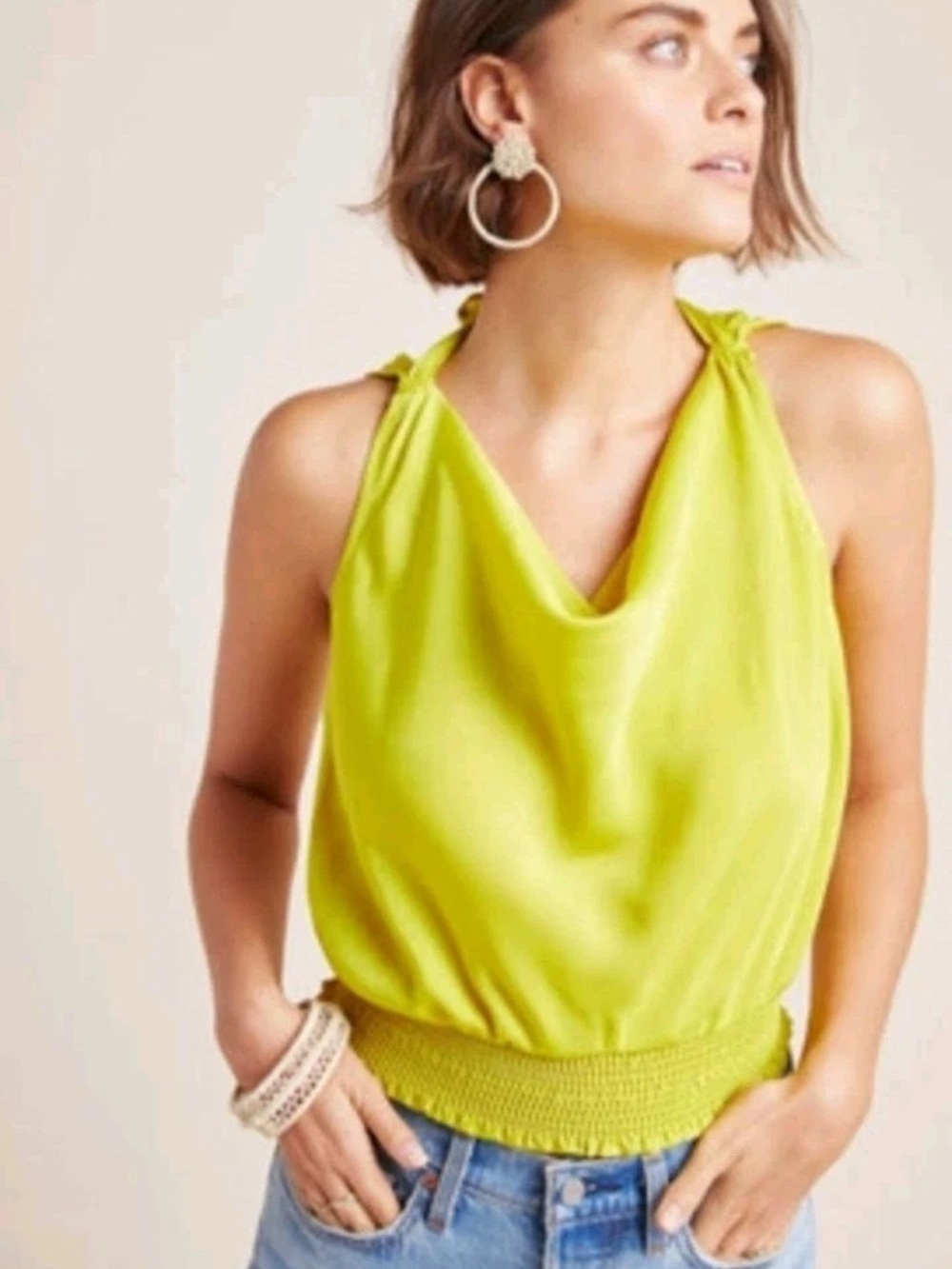 Anthropologie Maeve Alida Satin Cowl Neck Top Chartreuse - 6